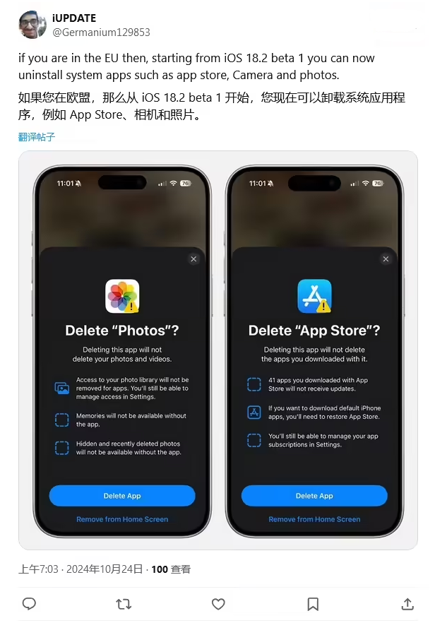 闵行苹果手机维修分享iOS 18.2 支持删除 App Store 应用商店 