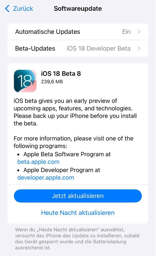 闵行苹果手机维修分享苹果 iOS / iPadOS 18 开发者预览版 Beta 8 发布 